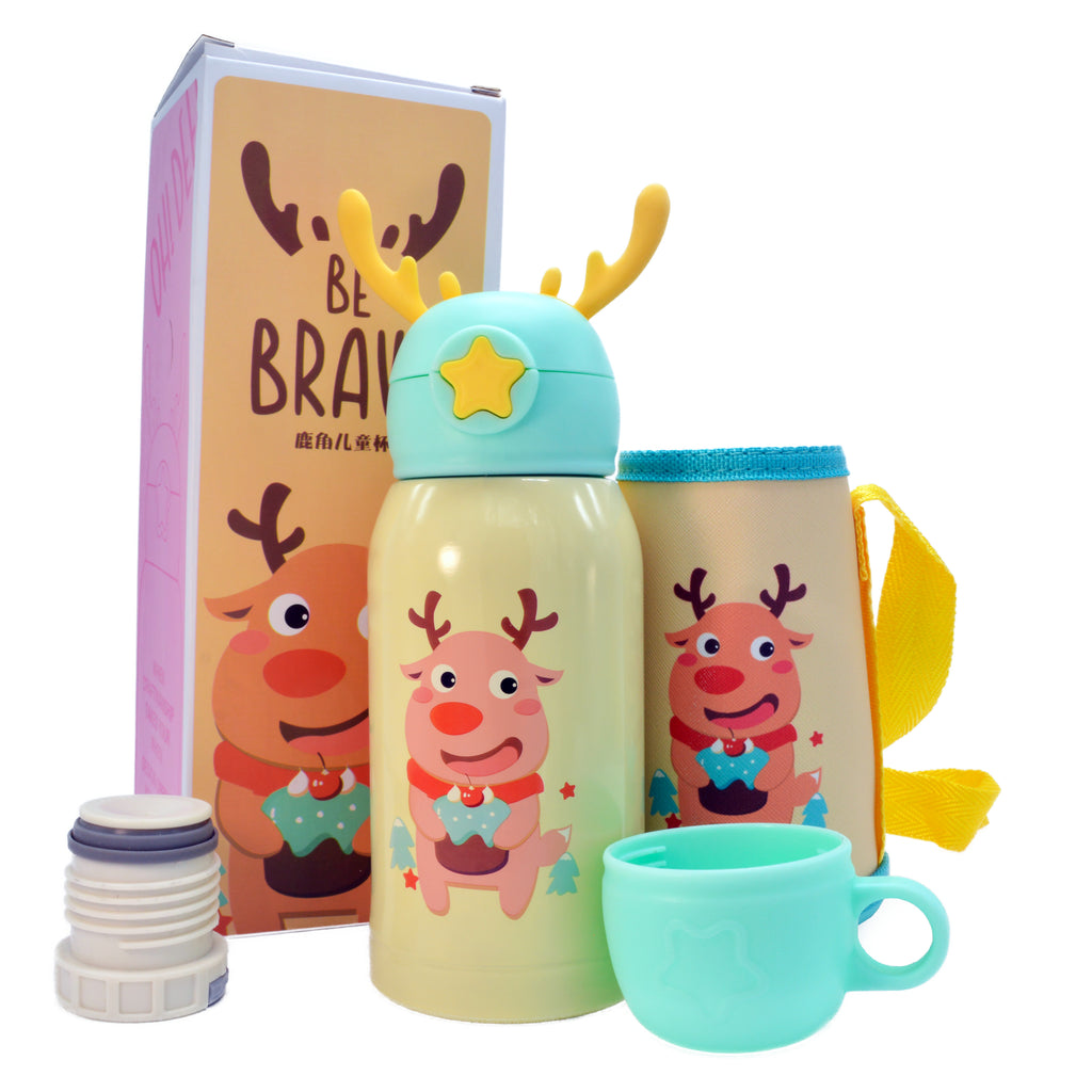 Kids- TalavanLLC Thermos Water Bottle Product Photography -  Yellow Reindeer thermos with Small bag