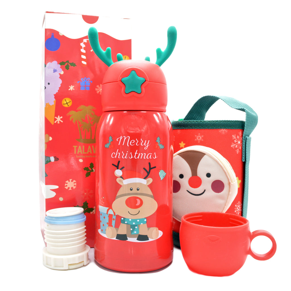 Christmas Kids Gift - TalavanLLC Thermos Water Bottle Product Photography -  Reindeer thermos with Zip bag