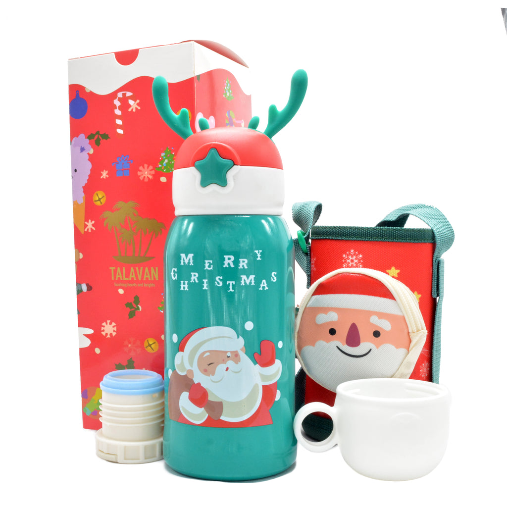 Christmas Kids Gift - TalavanLLC Thermos Water Bottle Product Photography - Santa thermos with Zip bag