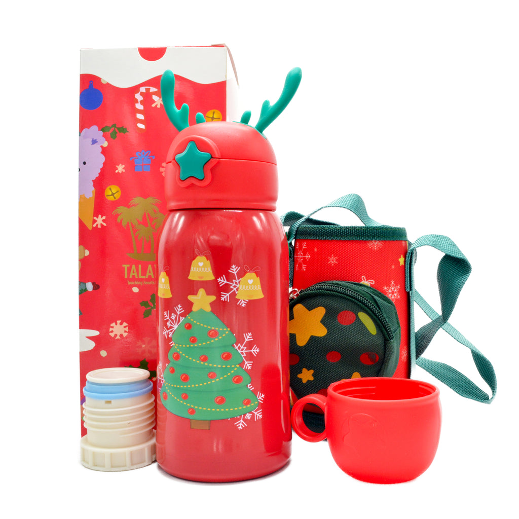 Christmas Kids gift- TalavanLLC Thermos Water Bottle Product Photography -  Tree thermos with Zip bag